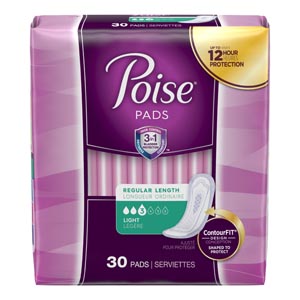 Kimberly-Clark Consumer Poise Pads, Regular, Light Absorbent, 30/pk, 4 pk/cs