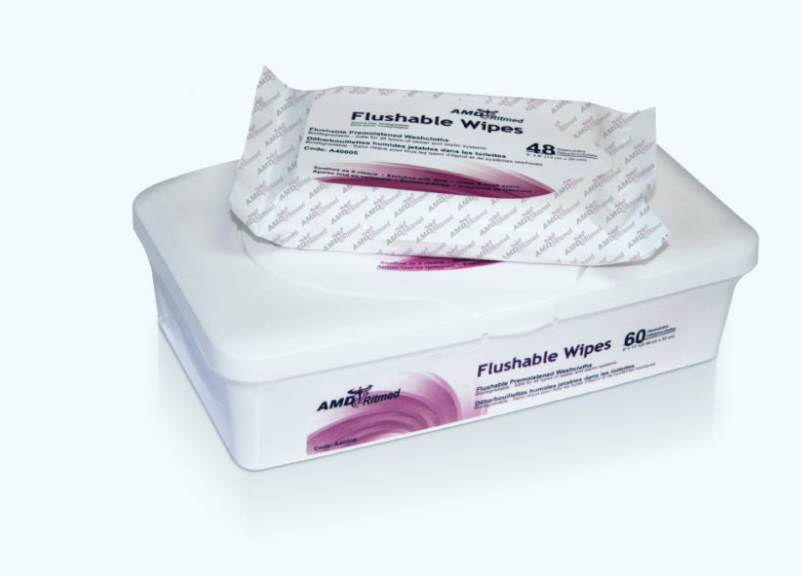 AMD-Medicom Flushable Wipes, Spunlace, Premoistened, 9" x 13", Soft Pack, 60/pk, 8 pk/cs