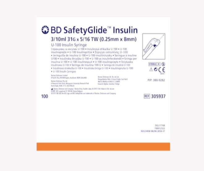 BD, Safety-Glide Insulin Syringes 8mm x 31G 3/10 mL, TW Needle