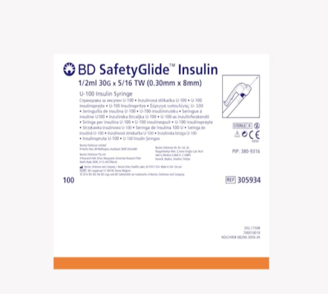 BD, Safety-Glide Insulin Syringes 8mm x 30G 1/2mL w/TW needle