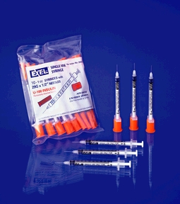 Exel Corporation Insulin Syringe & Needle, 29G x ½", 3/10cc, 10/bg, 10 bg/bx, 5 bx/cs