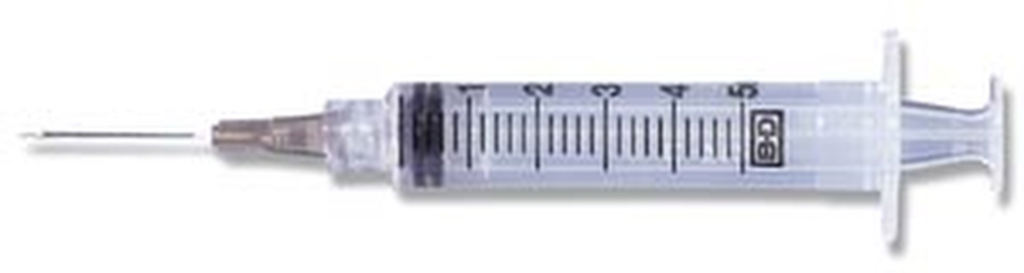 BD Syringe/Needle Combination, 5mL, Luer-Lok™ Tip, 21G x 1" (36 cs/plt)