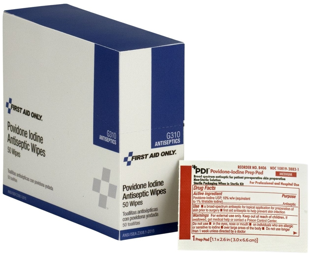 First Aid Only Povidone Iodine Antiseptic Wipe, 50/Box
