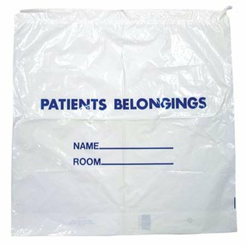RD Plastics Co. Belongings Bag, 18" x 20" + 3.5 B.G., Drawstring, Clear with Blue Print