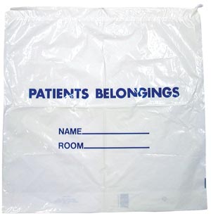 Patient Belongings Bag with Handle, Large, White with Blue Writing, 20" x 23"