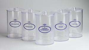 Clear Plastic Sundry Jars, Blue Imprint, Plastic Lids, 6½"H x 4¼"Dia