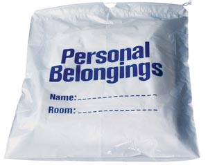 Personal Belongings Drawstring Bag, 17" x 20", White Bag with Blue Imprinting, 250/cs
