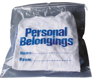 Personal Belongings Drawstring Bag, 17" x 20", Clear Bag with Blue Imprinting, 250/cs