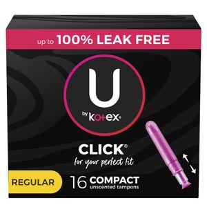 U by Kotex® Tampon, Super Premium, Regular Absorbency, Click Compact, 16/pk, 8 pk/cs