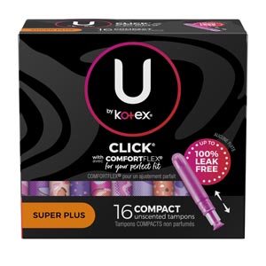 U by Kotex® Tampon, Super Premium, Super Plus Absorbency, Click Compact, 16/pk, 8 pk/cs