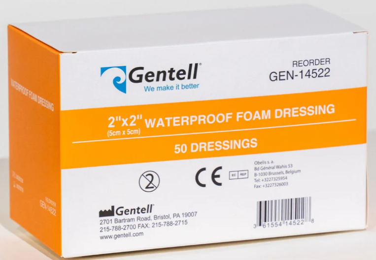 Gentell Waterproof Foam, 2" x 2", Non-Bordered Dressing, 50/bx