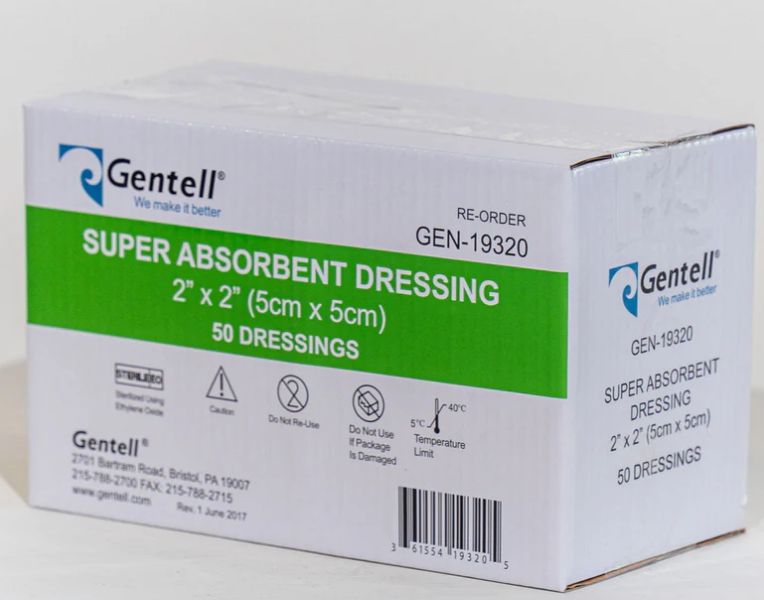 Gentell Super Absorbent Dressing, 2" x 2", 50/bx