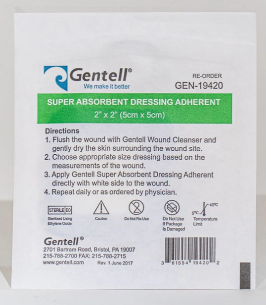 Gentell Super Absorbent Dressing, Adherent, 2" x 2", 50/bx