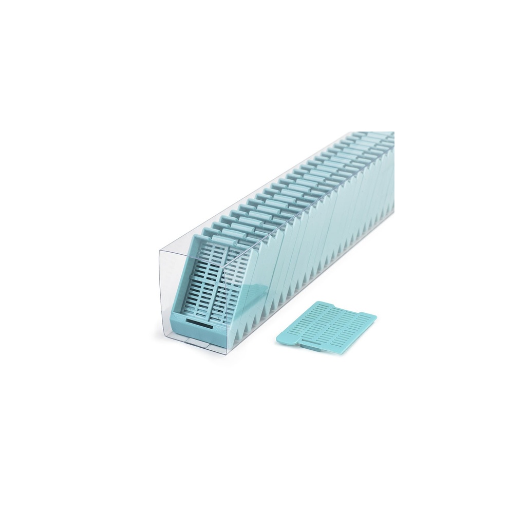 Swingsette Tissue Cassette, Quickload Sleeve, 45° Angle, Acetal, Aqua, Bulk, 750/cs
