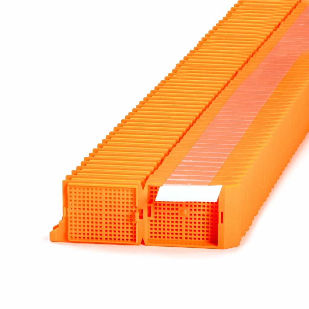 Unisette Biopsy Cassette, Quickload 35° Angle Stack (Taped), Acetal, Orange, Bulk, 1000/cs
