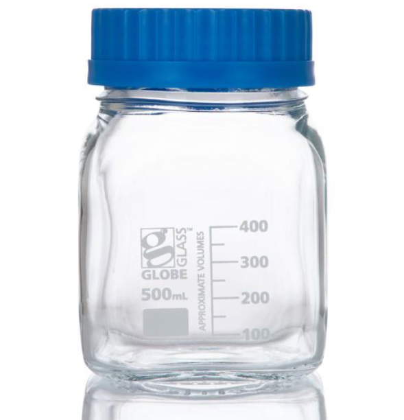 Bottle, Square Media, Wide Mouth, Globe Glass, 500mL, GL80 Screw Cap, 10/bx