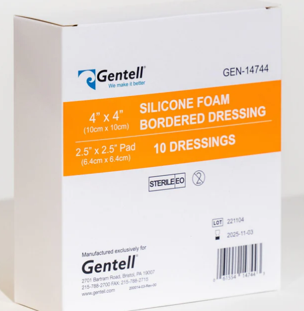 Gentell Silicone Foam, 4" x 4", Bordered Dressing, 50/cs