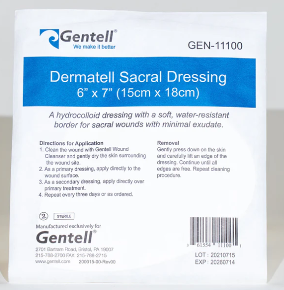 Gentell Dermatell Hydrocolloid Sacral Dressing, 6" x 7", 50/cs