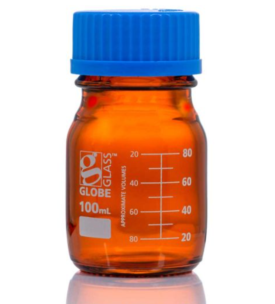 Bottle, Amber Media, Globe Glass, 100mL, GL45 Screw Cap, Dual Graduations, 10/bx