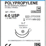 4/0 Polypropylene Suture, Blue, 35&quot;, Taper Cutting, V-7, 26mm, 1/2 Circle, Double Arms