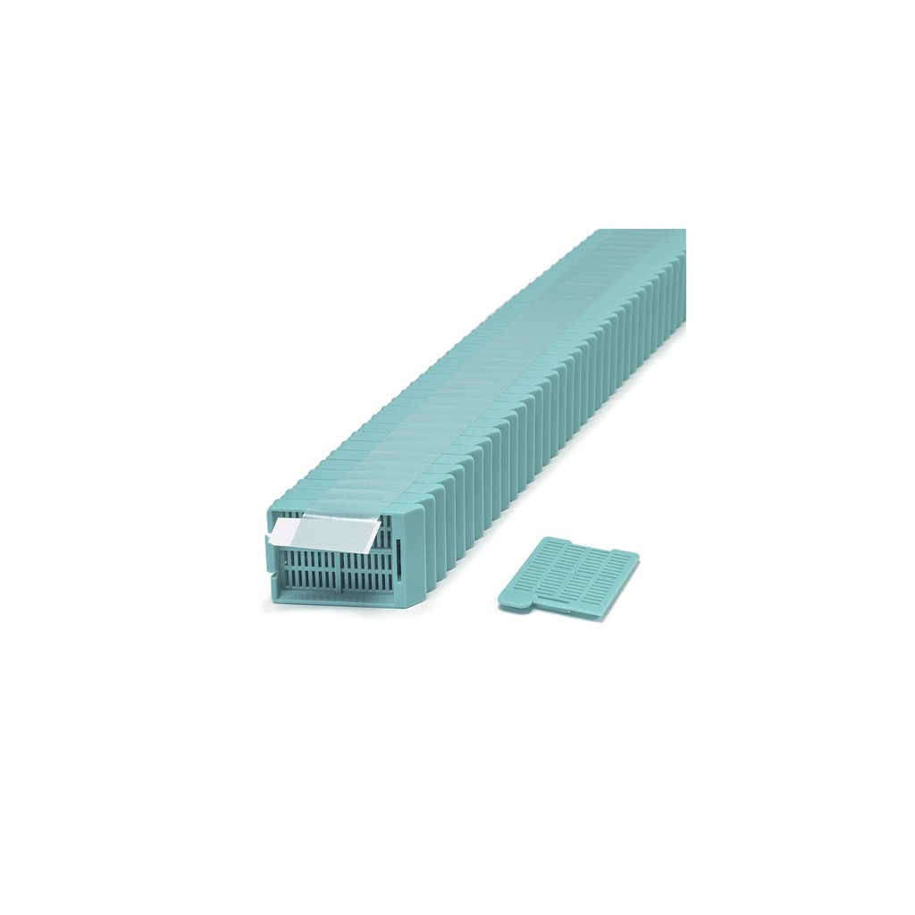 Swingsette Tissue Cassette, Quickload 45° Angle Stack (Taped), Acetal, Aqua, Bulk