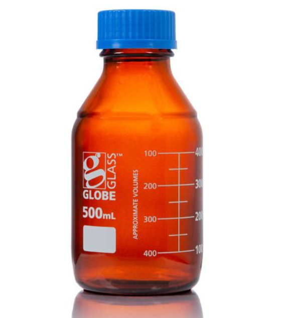 Bottle, AmberMedia, Globe Glass, 500mL, GL45 Screw Cap, Dual Graduations, 10/bx