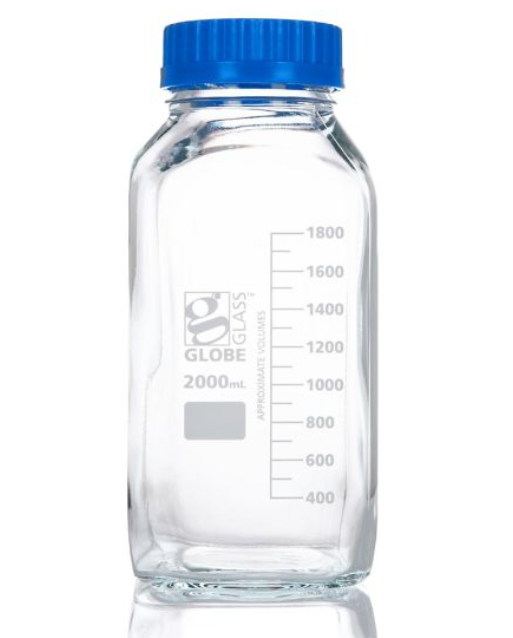Bottle, Square Media, Wide Mouth, Globe Glass, 2000mL, GL80 Screw Cap, 10/bx