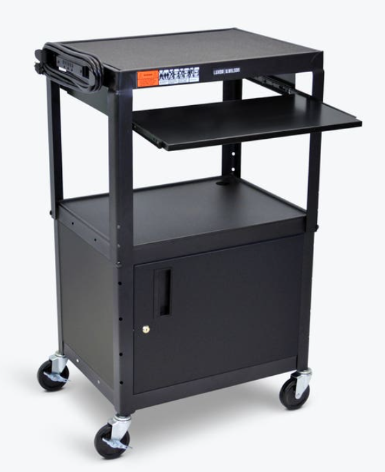 Luxor LEADER Adjustable Height 3 Shelf Media Utility Cart w/Pullout Tray & Locking Cabinet, 24" W x 18" D, Black