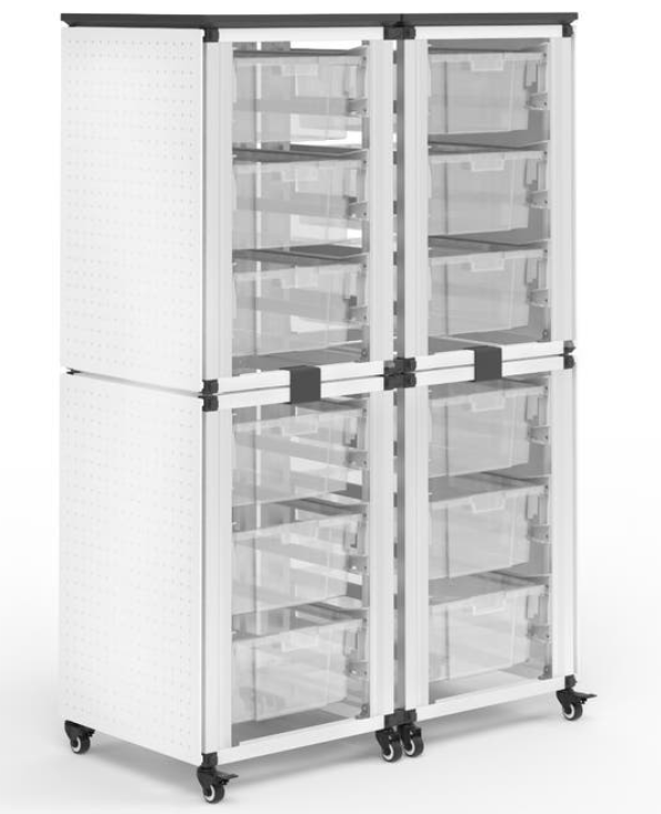 Storage Bin Cabinet, 4 Stacked Modules, Holds 12 large bins (3" or 6" Deep), Overall dimensions (single module): 53 x 20 x 7