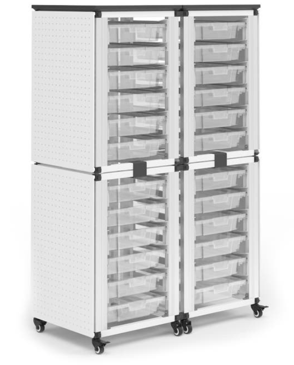 Storage Bin Cabinet, 4 Stacked Modules, Holds 24 small bins (3" or 6" Deep), Overall dimensions (single module): 27 x 20 x 8