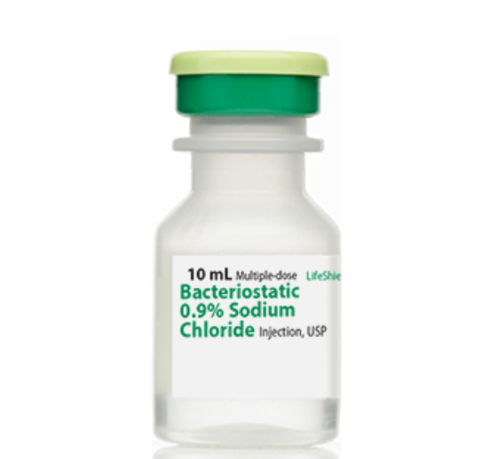 Bacteriostatic 0.9% Sodium Chloride Injection, USP, 10ml Vial, Multiple Dose, LifeShield Plastic Fliptop Vial, 25/bx
