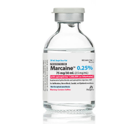 Marcaine with Epinephrine as the Bitartrate, 1:200,000, 2.5mg/ml, 30ml Vial, Single Dose, Glass Fliptop Vial, 10/bx