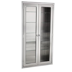 Equipment and Supplies Cabinet 35"W x 60"H x 18"D Console Cabinet, Glass Door, (3) Stainless Steel Adjustable Shelves