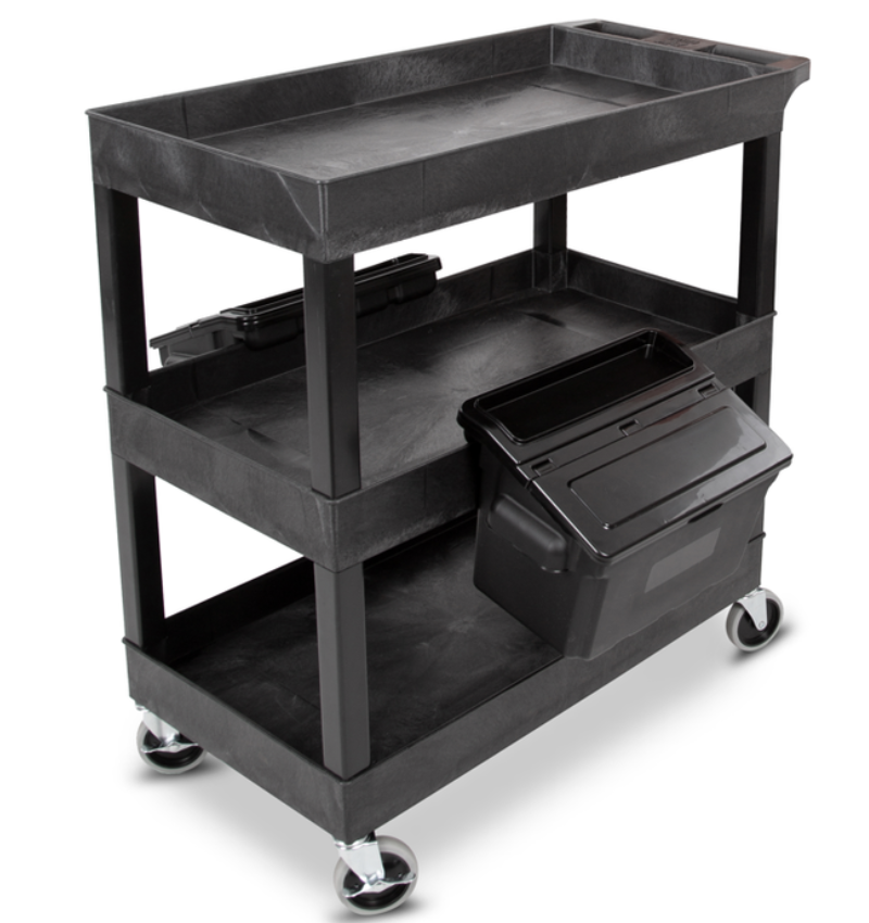 Luxor 24" x 18" Plastic Utility Tub Cart, 3-Shelf w/Outrigger Utility Cart Bins