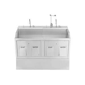 Lodi Scrub Sink, (2) Place, Pedestal Mounted, Knee Action Control, Infrared Water Control, Eyewash, Digital Timer