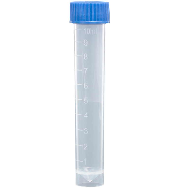 Transport Tube, 10mL with Separate Blue Screw Cap, PP, Conical Bottom, Self-Standing, Molded Graduations, 1000/cs