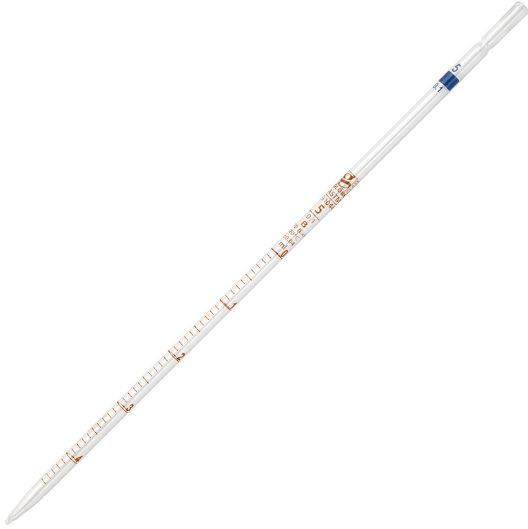 Pipette, Serological, Globe Glass, Reusable, 5mL, To Deliver (TD), 0.1 Graduations, Blue Band, ASTM E1044, 6/bx