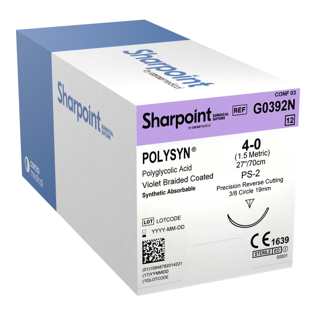 4/0 PolySyn Suture (Polyglycolic Acid), Violet, 28", Precision Reverse Cutting, PS-2, 19mm, 3/8 Circle