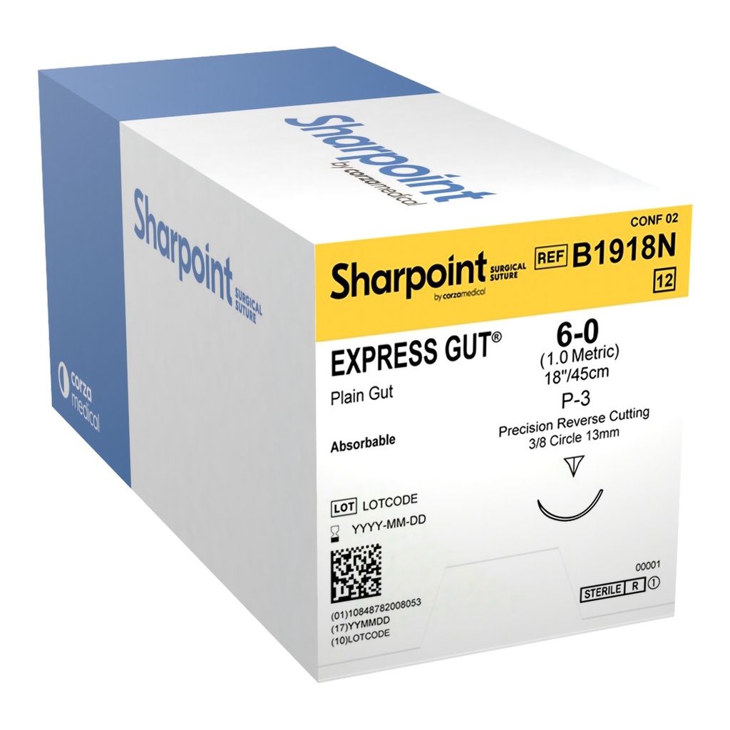 Surgical Specialties Sharpoint Plus 6-0 13 mm Express Gut Absorbable Suture with Needle and Undyed, 12 per Box
