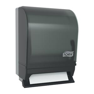 Hand Towel Roll Dispenser, Push-Bar Auto Transfer, Universal, Smoke/ Gray, H21, Metal/ Plastic, 15.8" x 8.8"