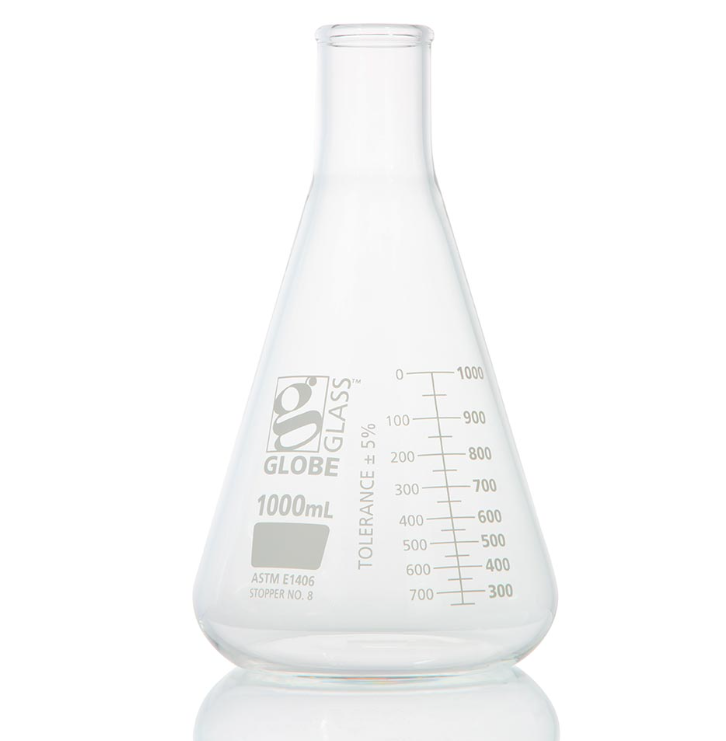 Flask, Erlenmeyer, Globe Glass, 1000mL, Heavy Duty, Narrow Mouth, Dual Graduations, ASTM E1406, 1/bx (EA=BX)