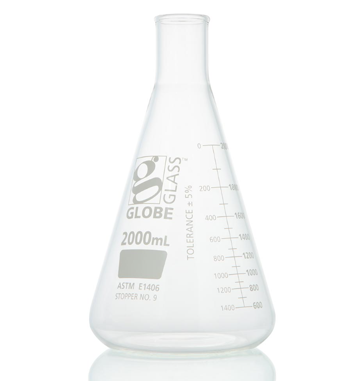 Flask, Erlenmeyer, Globe Glass, 2000mL, Heavy Duty, Narrow Mouth, Dual Graduations, ASTM E1406, 1/bx (EA=BX)