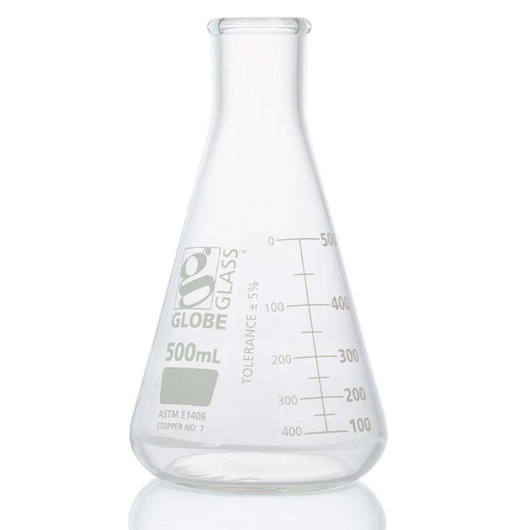Flask, Erlenmeyer, Globe Glass, 500mL, Heavy Duty, Narrow Mouth, Dual Graduations, ASTM E1406, 1/bx (EA=BX)