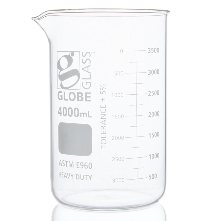 Beaker, Globe Glass, 4000mL, Low Form Griffin Style, Heavy Duty, Dual Graduations, ASTM E960, 1/bx (EA=BX)