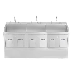 Lodi Scrub Sink, (3) Place, Pedestal Mounted, Knee Action Control, Soap Dispenser, Infrared Water Control