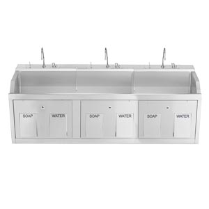 Lodi Scrub Sink, (3) Place, Wall Mounted, Knee Action Control, Soap Dispenser, Infrared Water Control