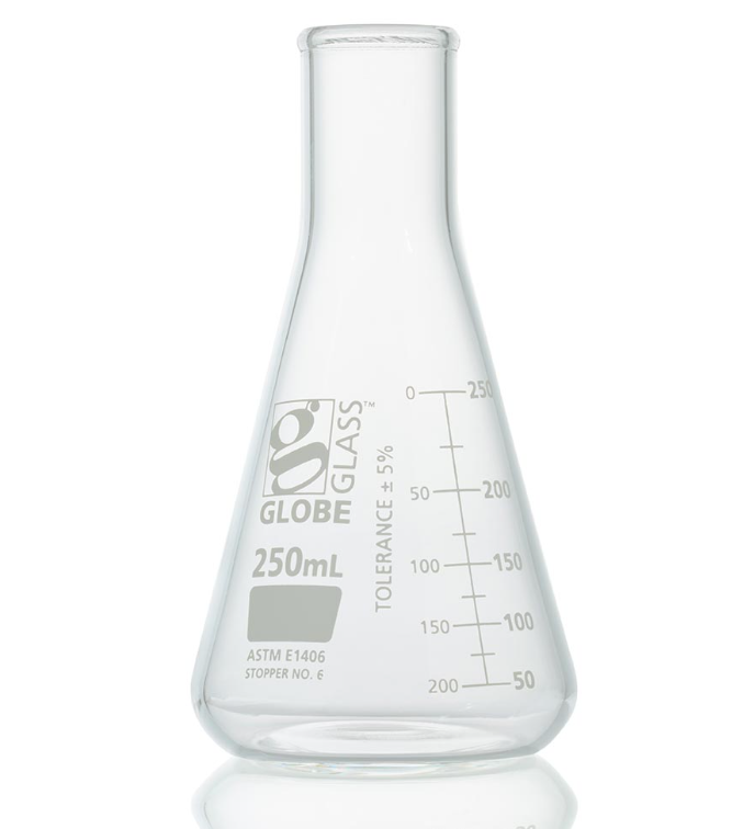 Flask, Erlenmeyer, Globe Glass, 250mL, Heavy Duty, Narrow Mouth, Dual Graduations, ASTM E1406, 6/bx