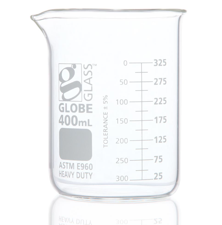 Beaker, Globe Glass, 400mL, Low Form Griffin Style, Heavy Duty, Dual Graduations, ASTM E960