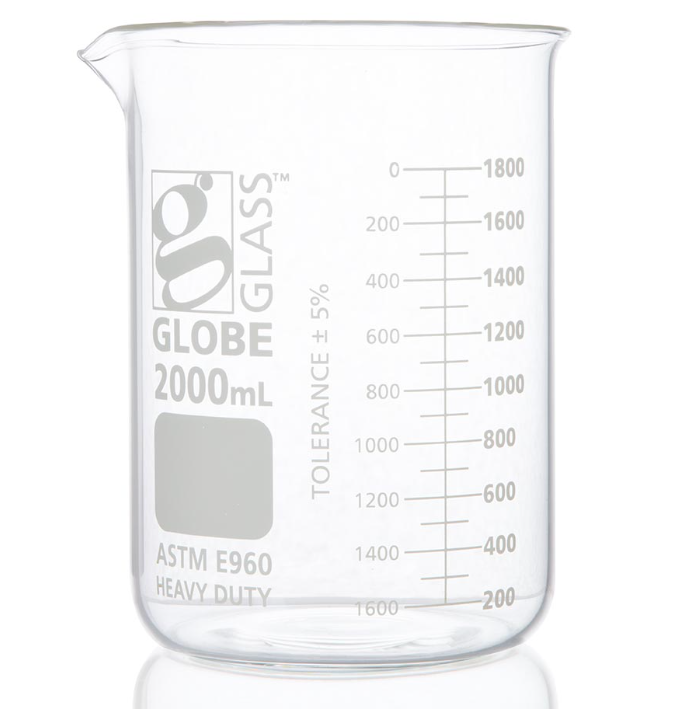 Beaker, Globe Glass, 2000mL, Low Form Griffin Style, Heavy Duty, Dual Graduations, ASTM E960, 4/bx