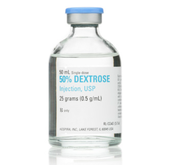 50% Dextrose Injection, USP, 500 mg/ml, 50 ml Vial, Single Dose, Glass Fliptop Vial, 25/bx (RX)